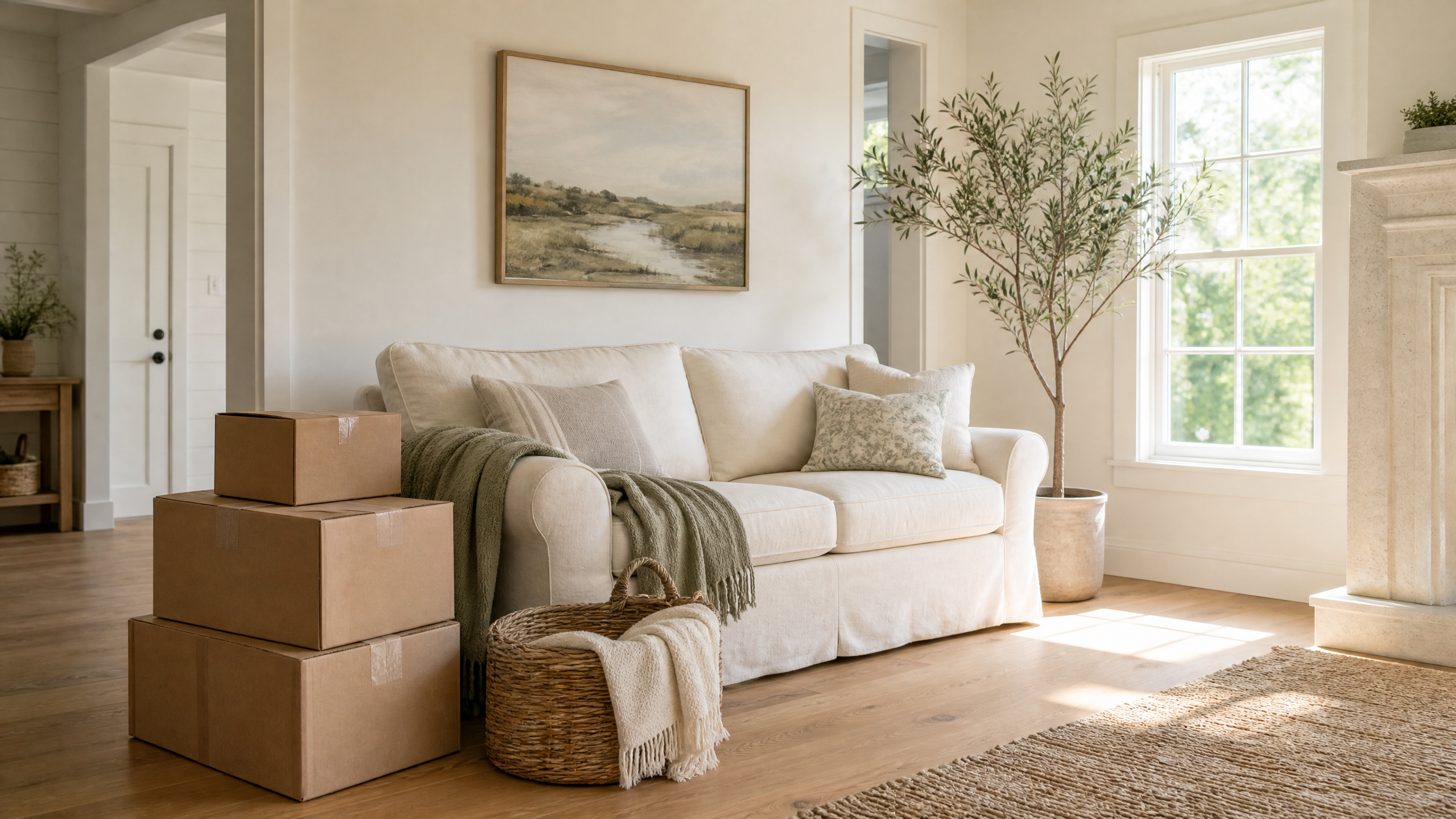 A bright, serene cottage living room with a few neatly stacked moving boxes beside a cream linen sofa