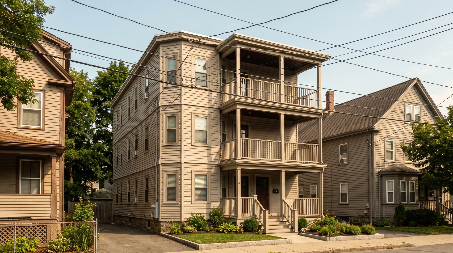 A three-decker style multi-family home with a front porch on a residential street in a Greater Boston neighborhood on a bright summer day