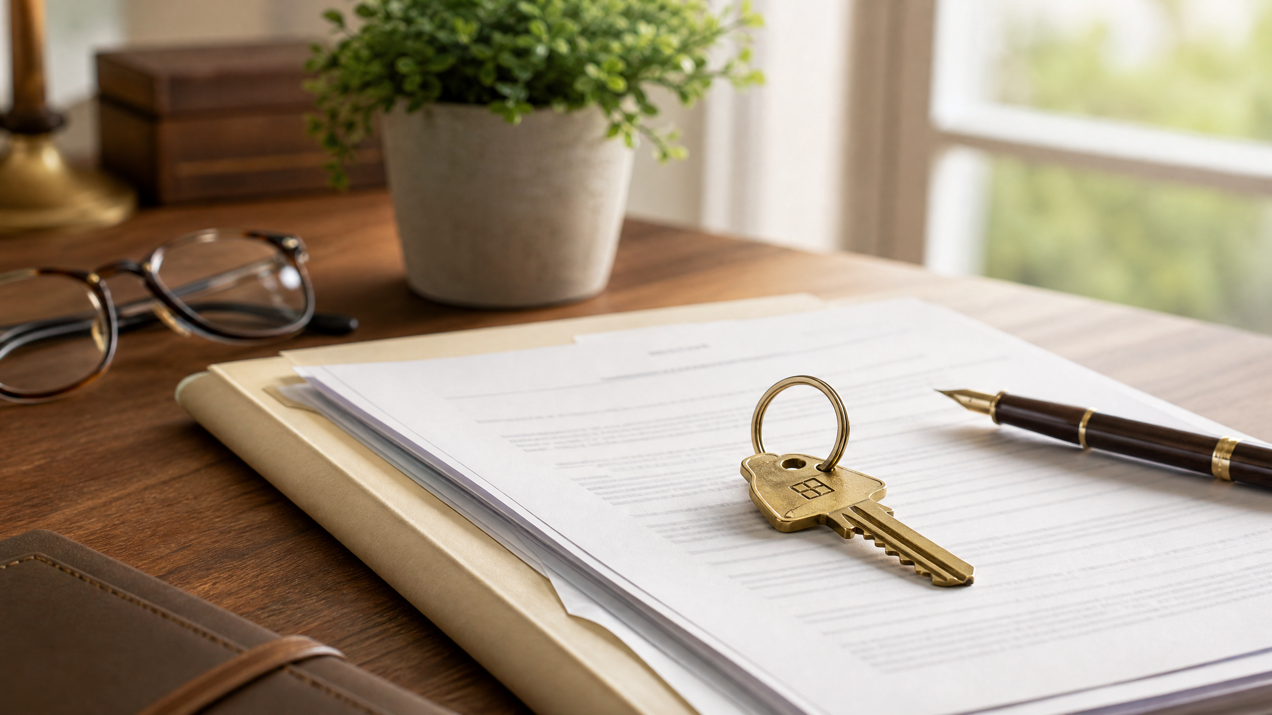 Estate paperwork, a fountain pen, and a brass house key arranged on a warm wooden desk in soft daylight