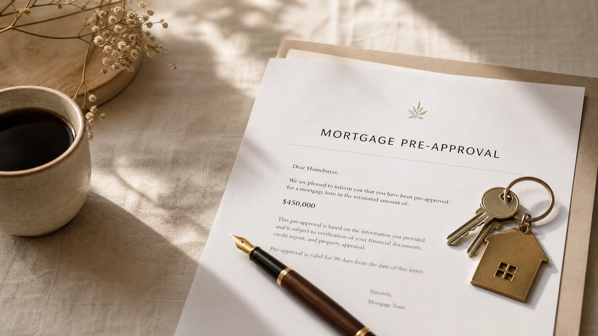 A mortgage pre-approval letter on a linen table with house keys, a pen, and a cup of coffee