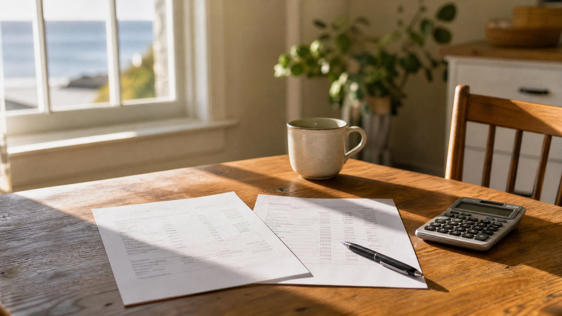 A kitchen table with two printed net sheets side by side, a calculator, and a pen, lit by morning window light in a New England home.