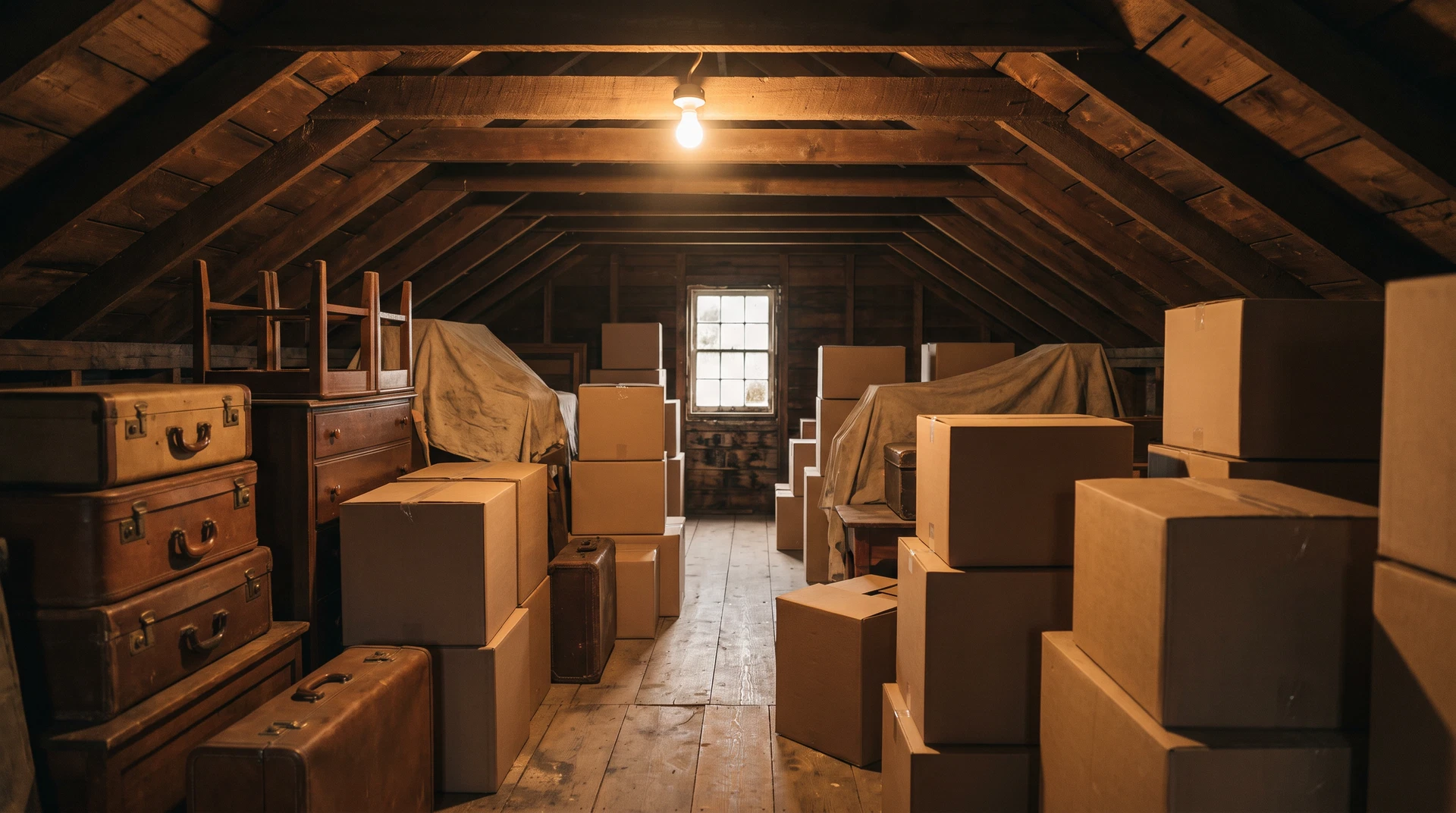 A cluttered attic in an older New England home, boxes, luggage and stacked furniture under a bare bulb, no people present