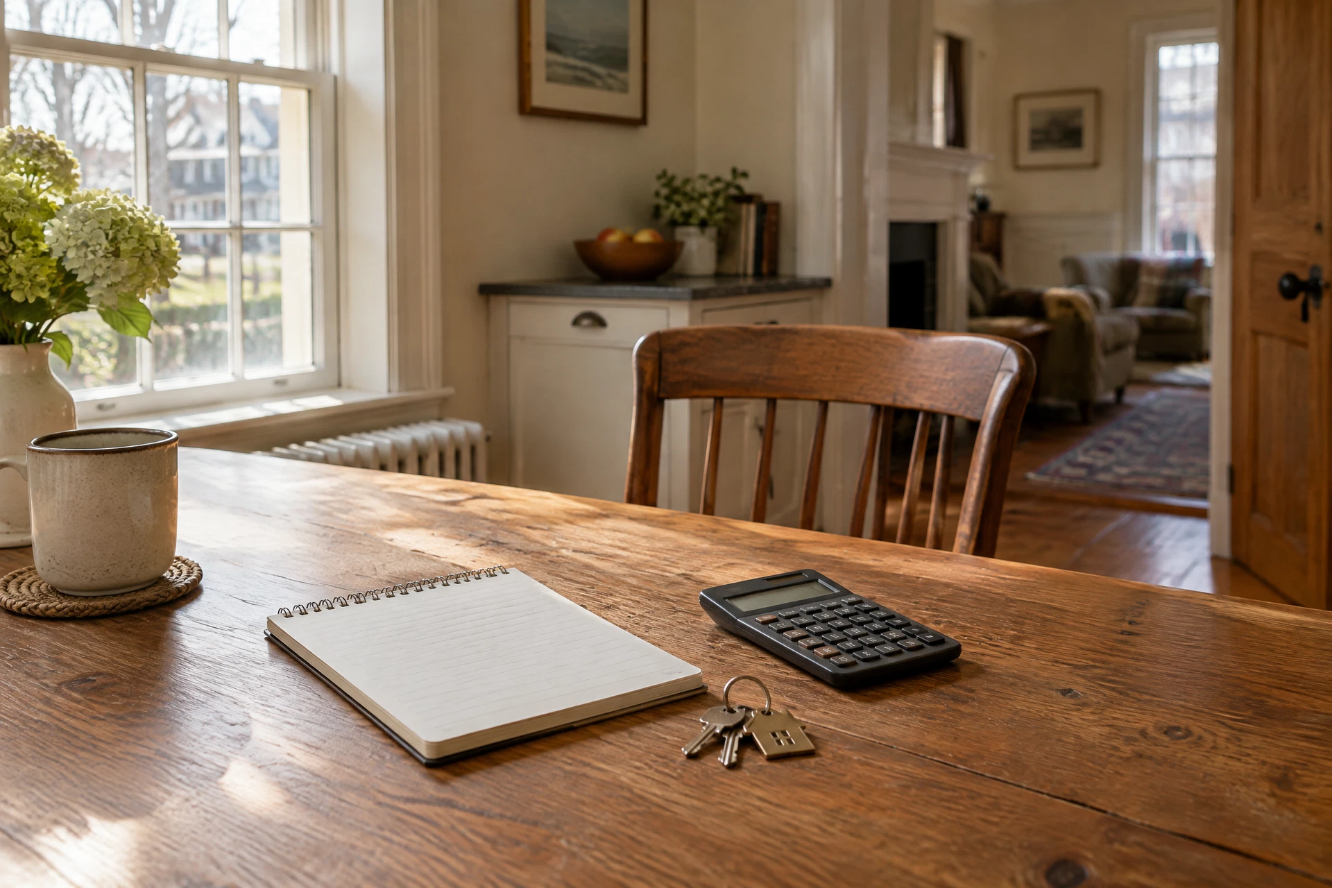 A kitchen table in an older New England home with a notepad, a calculator and a set of house keys, warm morning light through a window
