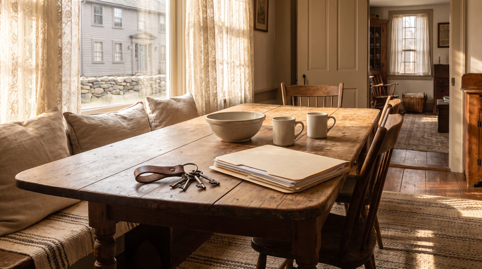 A set of house keys and a folder of papers on a worn wooden dining table in an older New England home, late afternoon light through lace curtains