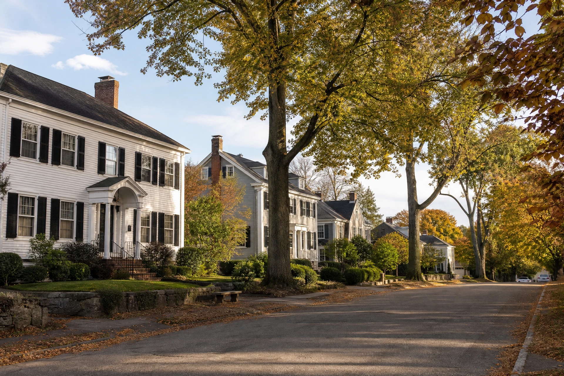 A tree-lined residential street of large older colonial homes in Milton, Massachusetts on an early autumn morning, no people present