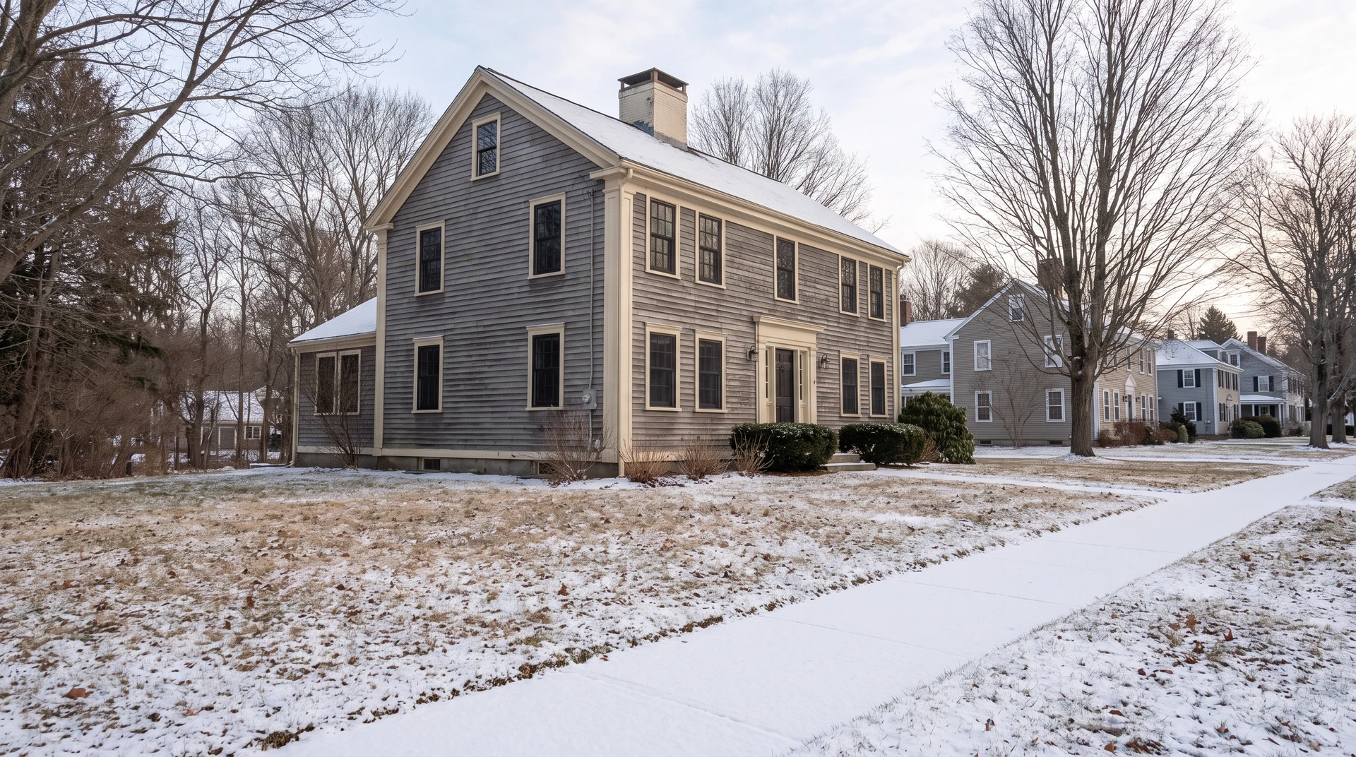 An empty New England colonial home in winter with snow on the front walk and no lights on inside