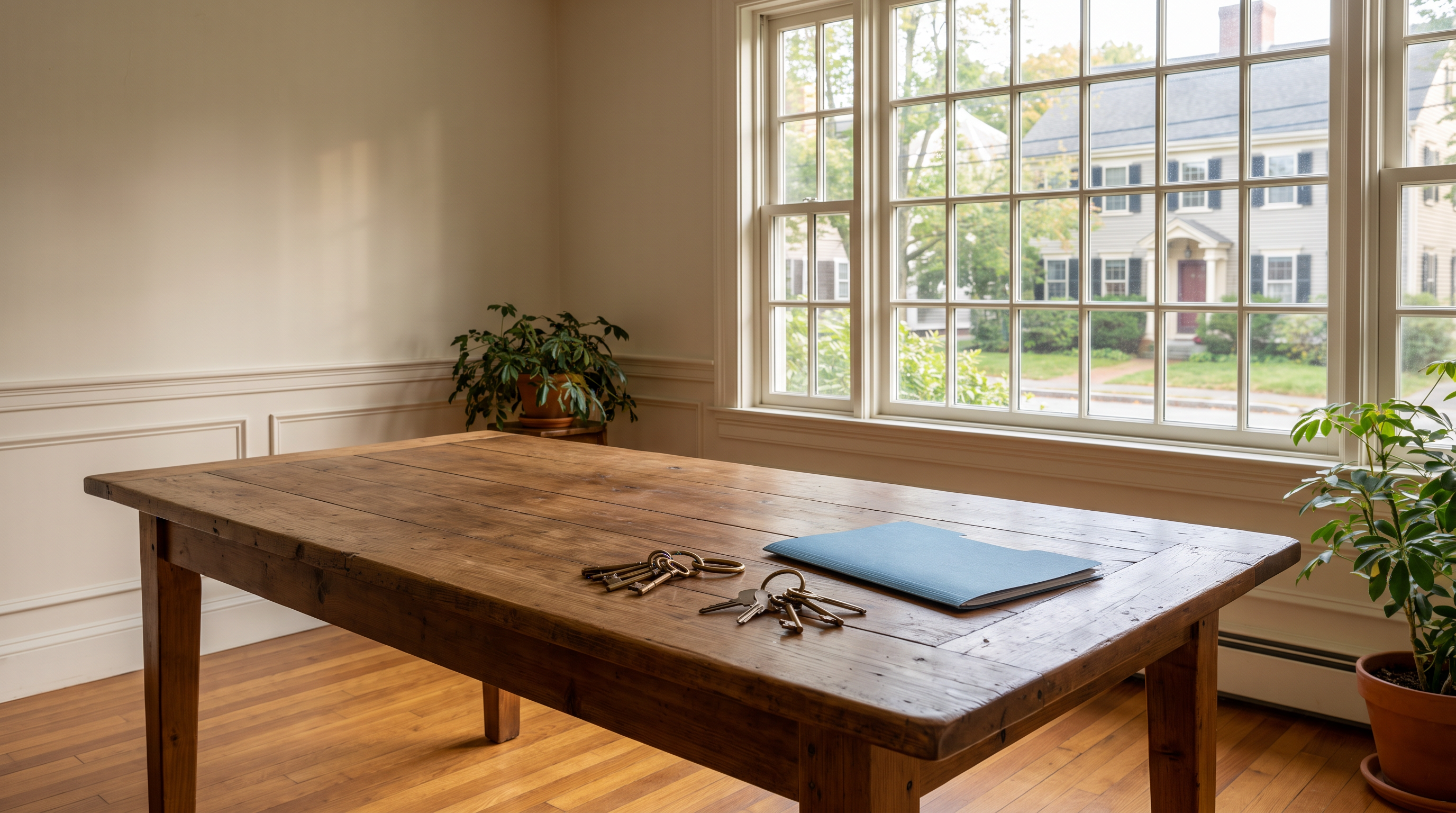 Two sets of house keys and a folder of documents on a kitchen counter in a New England colonial, morning light through a window, no people in frame