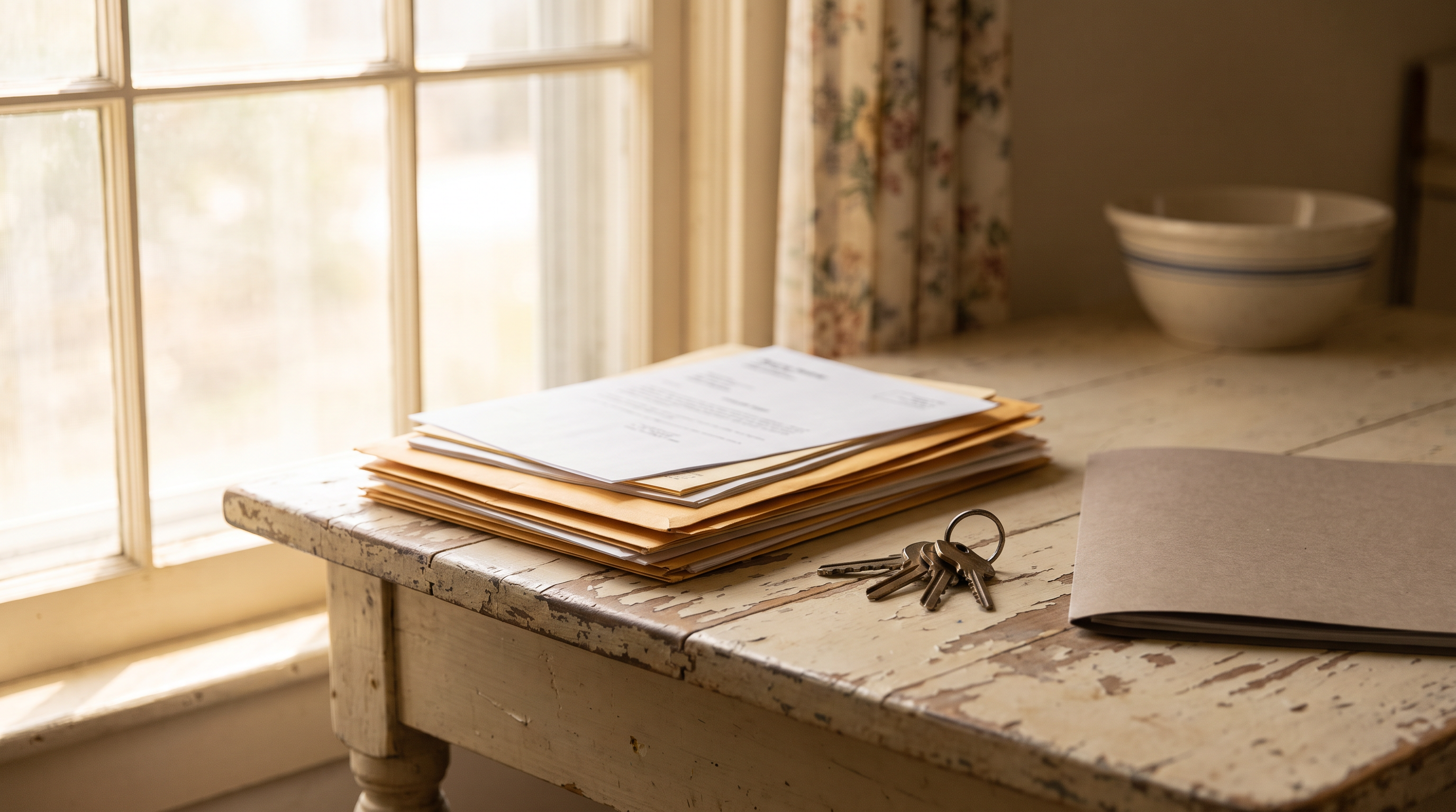 A stack of probate court paperwork and a set of house keys on a worn kitchen table in an older New England home, soft morning light, no people in frame